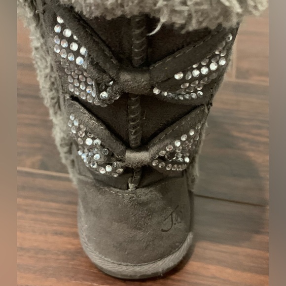 Justice Girls Winter Boots Faux Suede Fur Embellished Rhinestones Bows on Back 2 - Picture 8 of 13